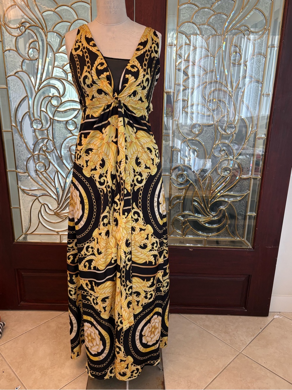Marciano Black and Gold Baroque Knot-Front Maxi Dress